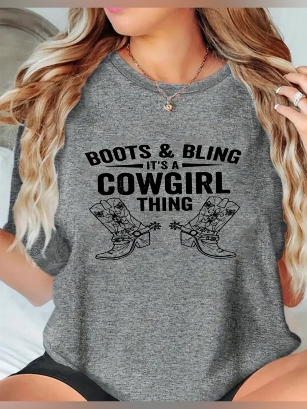 WESTERN Gray Graphic Print Short Sleeve Tee Shirt Boots and Bling